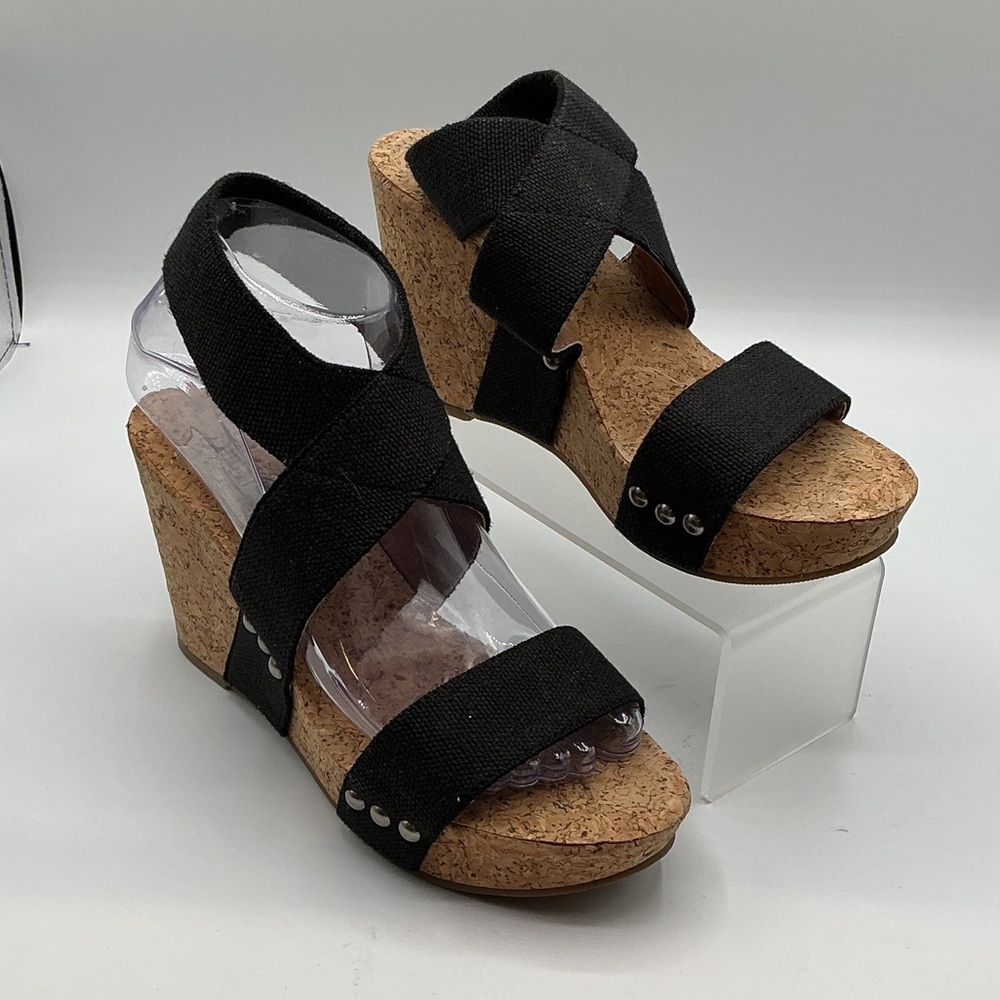 Lucky Brand Black Cork Platform Wedge Sandals, size 6.5